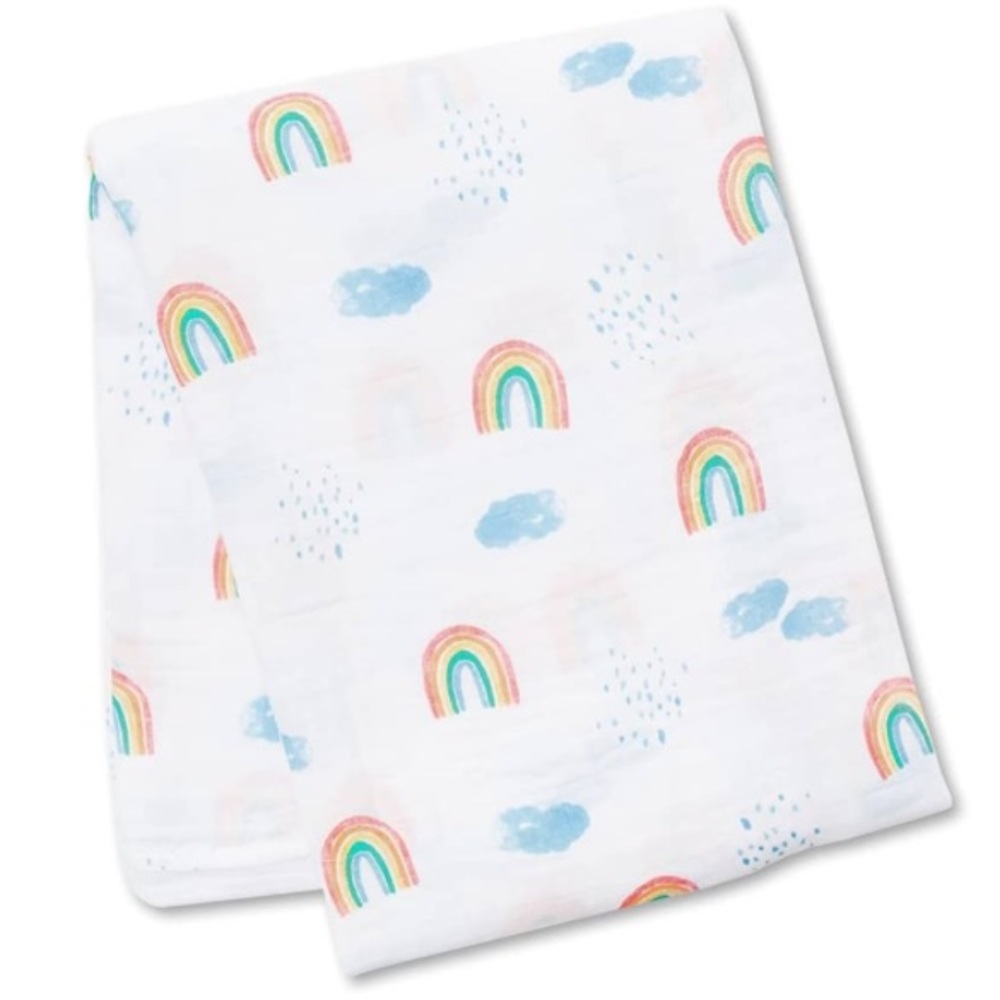 🍊5/$25 Lulujo Muslin White Baby Blanket with Rainbow Print